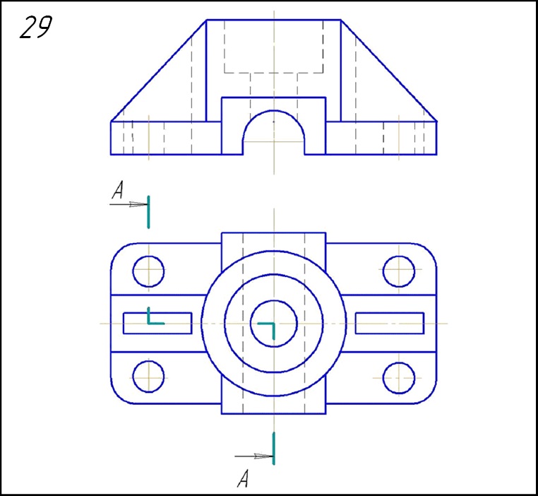 Разрез в черчении. Вариант 2 кронштейн Инженерная Графика вид спереди и вид сверху. Чертеж несимметричной детали. Фронтальный разрез детали опора компас 3д. Фронтальный разрез на месте вида спереди.